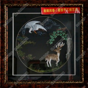 純手工刺繡工藝品中國特色禮品—鹿鶴同春